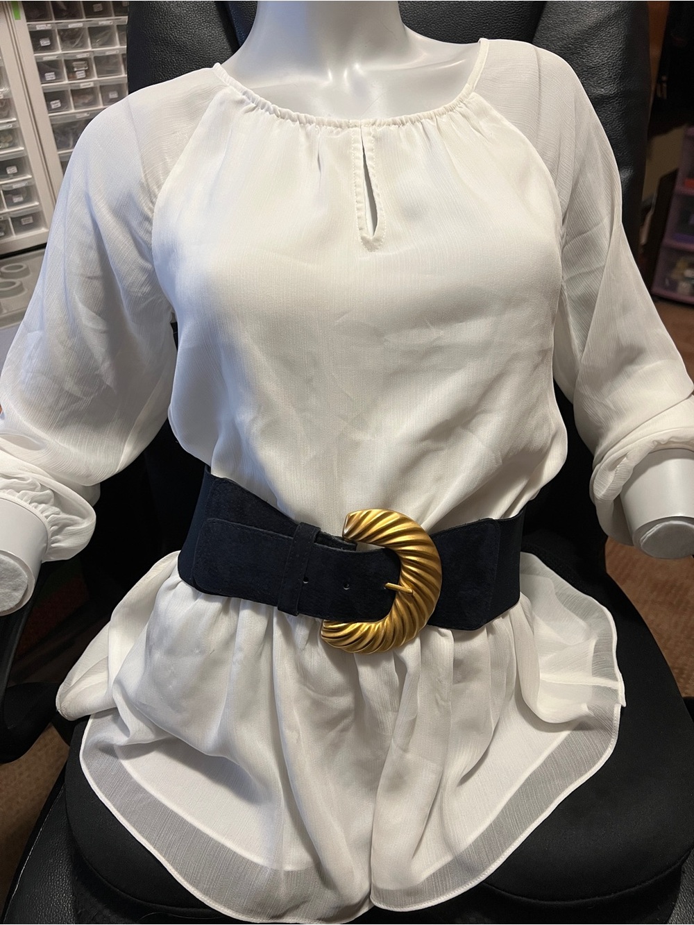 VINTAGE Century Canada Belt • Navy Stretch • Gold Statement Buckle • Petite S